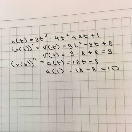 Тело движется по закону x(t) =3t^3-4t^2+8t+1.определите скорость и ускорение тела в момент времени t