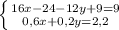 \left \{ {{16x-24-12y+9=9} \atop {0,6x+0,2y=2,2}} \right.