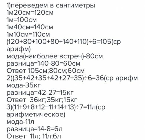 Определи среднее арифметическое значение,наиболее часто встречаемое число и наиболщую разницу по кож