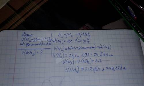 Внаслідок взаємодії водню з азотом об'ємом 26, 7л який містить 8% домішок , утворився амоніак. визна