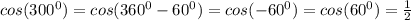 cos(300^0)=cos(360^0-60^0)=cos(-60^0)=cos(60^0)=\frac{1}{2}