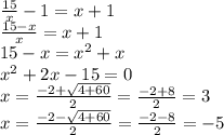 \frac{15}{x} - 1 = x + 1 \\ \frac{15 - x}{x} = x + 1 \\ 15 - x = {x}^{2} + x \\ {x}^{2} + 2x - 15 = 0 \\ x = \frac{ - 2 + \sqrt{4 + 60} }{2} = \frac{ - 2 + 8}{2} = 3 \\ x = \frac{ - 2 - \sqrt{4 + 60} }{2} = \frac{ - 2 - 8}{2} = - 5