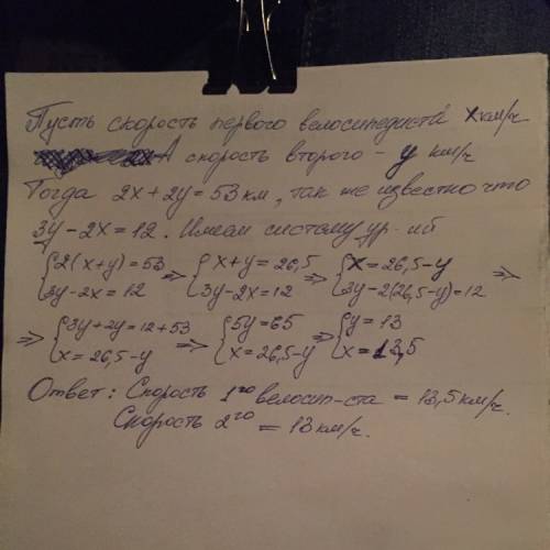 Із 2 міст,відстань між якими дорівнює 53 км,одночасно виїхали назустріч один одному 2 велосепедистів