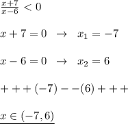 \frac{x+7}{x-6} \ \textless \ 0\\\\x+7=0\; \; \to \; \; x_1=-7\\\\x-6=0\; \; \to \; \; x_2=6\\\\+++(-7)--(6)+++\\\\\underline {x\in (-7,6)}