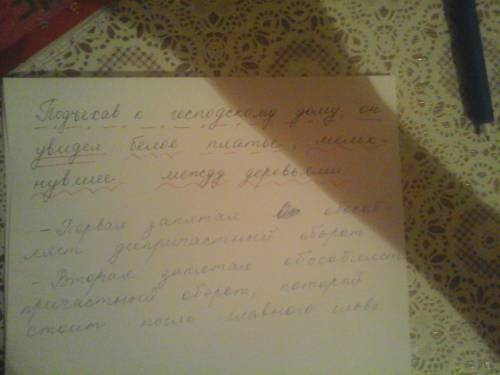 Подъехав к господскому дому, он увидел белое платье, мелькнувшее между деревьями. 1) сделайте синтак