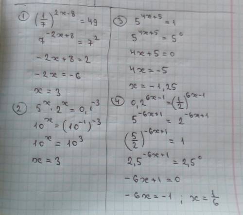 Кто ! решите показательные уравнения 1. (1/7)^2x-8=49 2. 5^x*2^x=0,1^-3 3. 5^4x+5=1 4. 0,2^6x-1=1/2^