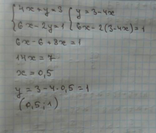 Решите систему уравнений методом подстановки 4x+y=3 6x-2y=1