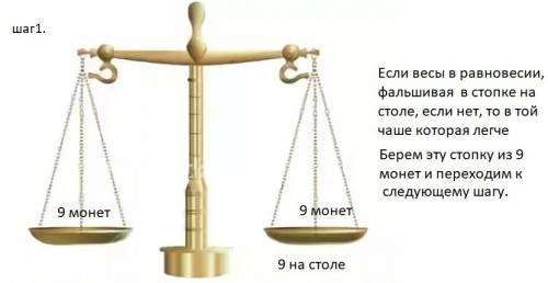 Из 27 монет 1 фальшивая-она легче остальных. надо определить фальшивую монету, сделав как можно мень