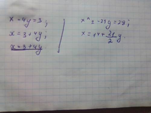 Система уравнений x-4y=3 x^2-21y=28