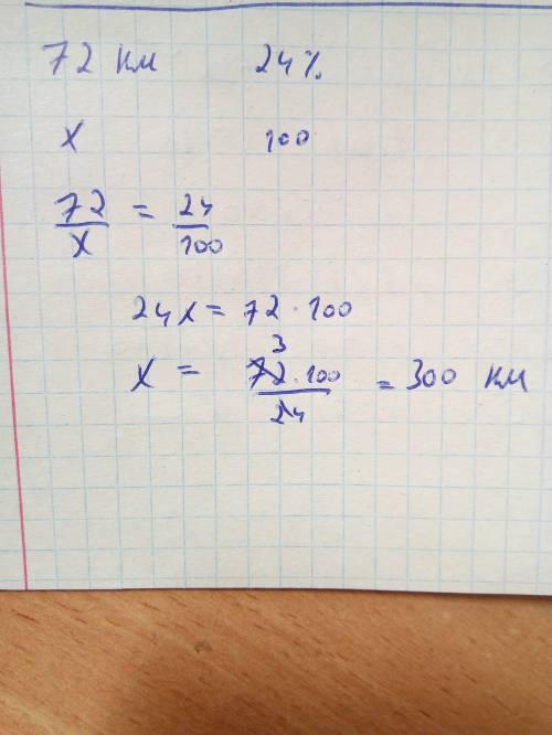 За первый час движения автомобиль преодолел расстояние 72 км, что составляет 24 % длины всего пути,