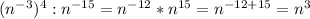 (n^{-3})^4:n^{-15}=n^{-12} * n^{15}=n^{-12+15}=n^3