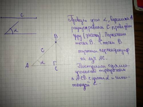 Надо! 24 ! изобразите отрезок c и острый угол альфа. постройте при циркуля и линейки прямоугольный т