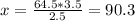 x= \frac{64.5*3.5}{2.5} =90.3