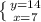 \left \{ {{y=14} \atop {x=7}} \right.