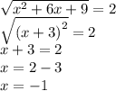 \sqrt{ {x}^{2} + 6x + 9 } = 2 \\ \sqrt{ {(x + 3)}^{2} } = 2 \\ x + 3 = 2 \\ x = 2 - 3 \\ x = - 1