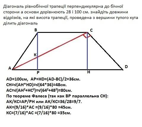 Діагональ рівнобічної трапеції перпендикулярна до бічної сторони а основи дорівнюють 28 і 100 см. зн