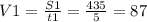 V1=\frac{S1}{t1} =\frac{435}{5} =87