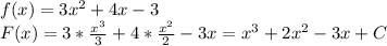 f(x)=3x^2+4x-3\\F(x)=3*\frac{x^3}{3}+4*\frac{x^2}{2}-3x=x^3+2x^2-3x+C