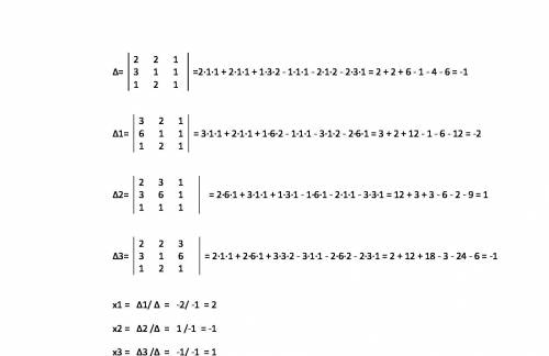 Решите методом крамера 2x1+2x2+x3=3. 3x1+x2+x3=6. x1+2x2+x3=1​