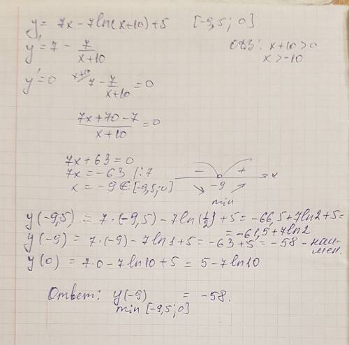 Найти наименьшее значение функции: y= 7x-7ln(x+10)+5 на отрезке [-9,5; 0]