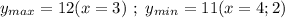 y_{max} = 12(x=3) \ ; \ y_{min} = 11(x=4;2)