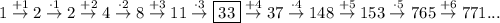 1 \stackrel{+1}{\rightarrow} 2\stackrel{\cdot 1}{\rightarrow} 2 \stackrel{+2}{\rightarrow} 4\stackrel{\cdot 2}{\rightarrow} 8\stackrel{+3}{\rightarrow} 11 \stackrel{\cdot 3}{\rightarrow} \boxed{33} \stackrel{+4}{\rightarrow} 37\stackrel{\cdot 4}{\rightarrow} 148 \stackrel{+5}{\rightarrow} 153\stackrel{\cdot 5}{\rightarrow} 765\stackrel{+6}{\rightarrow} 771...