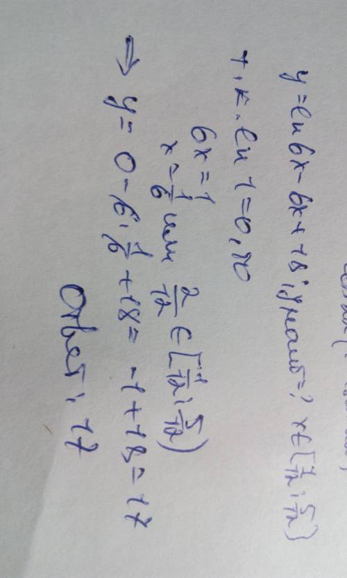 Найдите наибольшее значение функции y=ln(6x)-6x+18 [1/12,5/12].