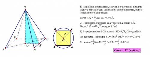 Апофема правильной четырёхугольной пирамиды равна 3√5. найдите объём данной пирамиды, если радиус ок