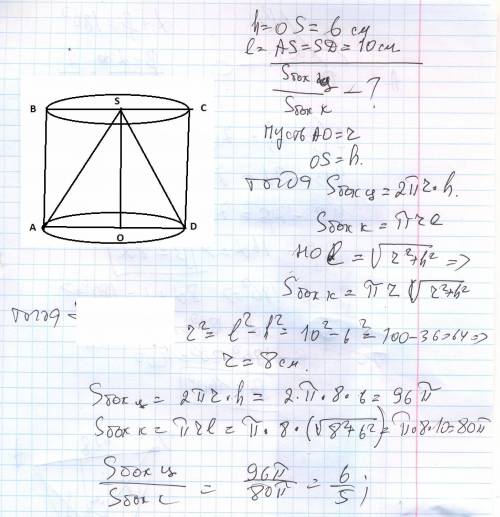Вцилиндр высотой 6 см вписан конус, образующая которого 10 см. найдите отношение площади боковой пов