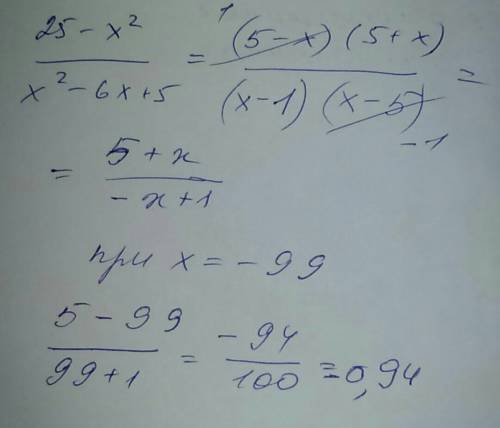 Знайдіть значення виразу 25-x^/x^-6x+5 при x=-99