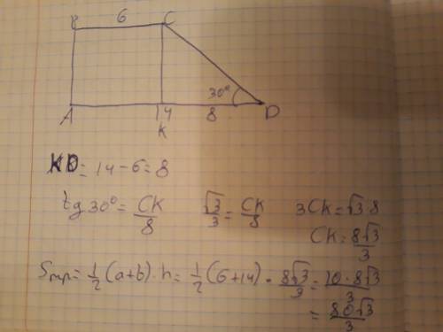 Основи прямокутної трапеції дорівнюють 6см та 14см, а гострий кут становить 30°. знайдіть площу трап