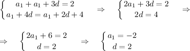 \displaystyle \left \{ {{a_1+a_1+3d=2} \atop {a_1+4d=a_1+2d+4}} \right. ~~~\Rightarrow~~~ \left \{ {{2a_1+3d=2} \atop {2d=4}} \right. ~~~\Rightarrow~~~\\ \\ \\ \Rightarrow~~~ \left \{ {{2a_1+6=2} \atop {d=2}} \right. ~~~\Rightarrow~~~ \left \{ {{a_1=-2} \atop {d=2}} \right.