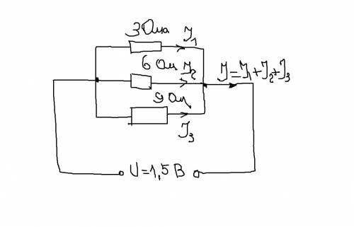 Три , сопротивления которых r1=3 ом, r2=6 ом, r3=9 ом, соединены параллельно. амперметр, подключенны