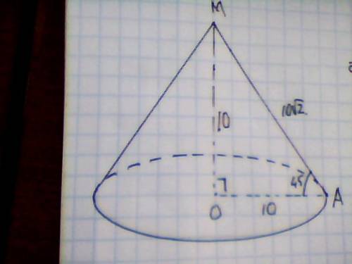 Висота конуса 10см а кут який утворює твірна конус з площиною основи -45 градусів знайти площу повно