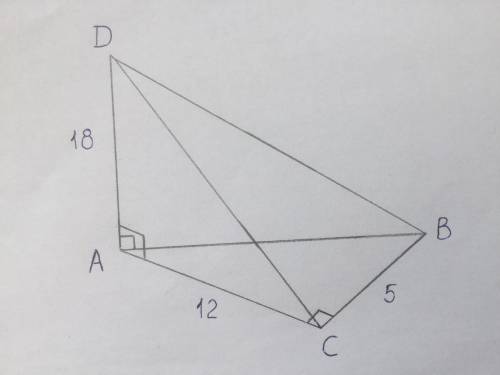 Утрикутнику авс (кут с = 90 гр.) ас = 12 см, вс = 5 см.через точку d поза площиною трикутника до ціє