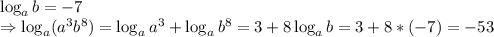 \log_ab=-7\\&#10;\Rightarrow &#10;\log_a(a^3b^8)= \log_aa^3+\log_ab^8=3+8\log_ab=3+8*(-7)=-53