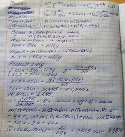 Смесь фенола и пирокатехина массой 20,4 г была обработана избытком гидроксида калия. в результате об