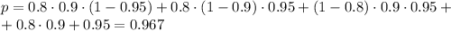 p=0.8\cdot0.9\cdot(1-0.95)+0.8\cdot(1-0.9)\cdot 0.95+(1-0.8)\cdot0.9\cdot0.95+\\ +0.8\cdot0.9+0.95=0.967