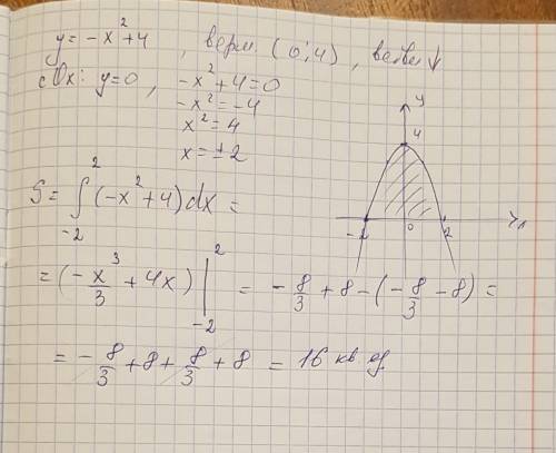 Найдите площадь фигуры, ограниченной параболой у = – х2 + 4; и осью ох