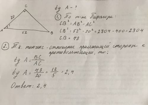 Втреугольнике abc уголь c =90 градусов , ab=52,ac=20 , найдите tga