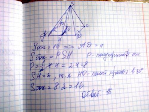 Боковая грань правильной четырехугольной пирамиды наклонена к плоскости основания под углом 60. площ