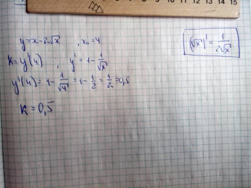 Найдите угловой коэффициент касательной к графику функции y=x-2 корень из x в точке x=4. решить