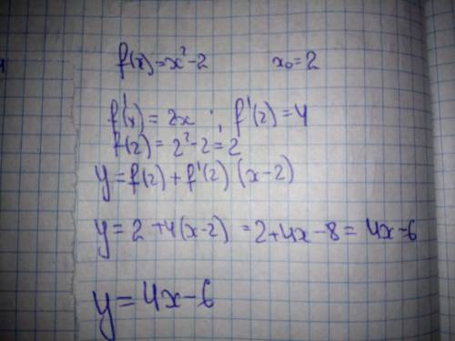 Составьте уравнение касательной проведенной графику функции f(x)=x²-2 в точке с абциссой, равной 2