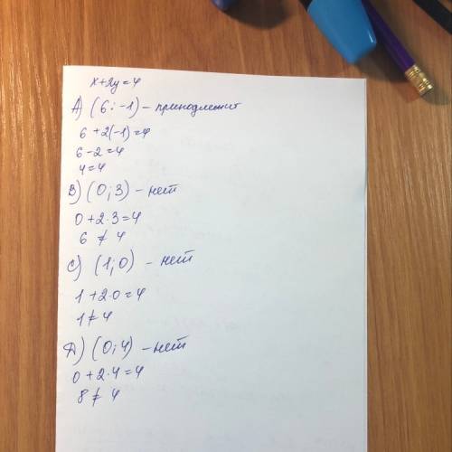 Какая из точек принадлежит прямой x+2y=4 а)(6: -1) в)(0: 3) с)(1: 0) д)(0: 4)