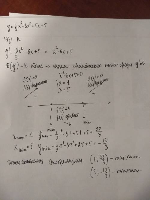 Решить, надо найти экстремумы функции y = 1/3x^3 - 3x^2 + 5x + 5