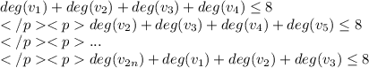 deg(v_1)+deg(v_2)+deg(v_3)+deg(v_4)\leq 8\\&#10;deg(v_2)+deg(v_3)+deg(v_4)+deg(v_5)\leq 8\\&#10;...\\&#10;deg(v_{2n})+deg(v_1)+deg(v_2)+deg(v_3)\leq 8\\