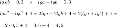 lg\, ab=0,3\; \; \Rightarrow \; \; \; lga+lgb=0,3\\\\lga^2+lgb^2+4=2lga+2lgb+4=2(lga+lgb)+4=\\\\=2\cdot 0,3+4=0,6+4=4,6