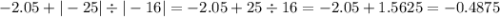 - 2.05 + | - 25| \div | - 16| = - 2.05 + 25 \div 16 = - 2.05 + 1.5625 = - 0.4875