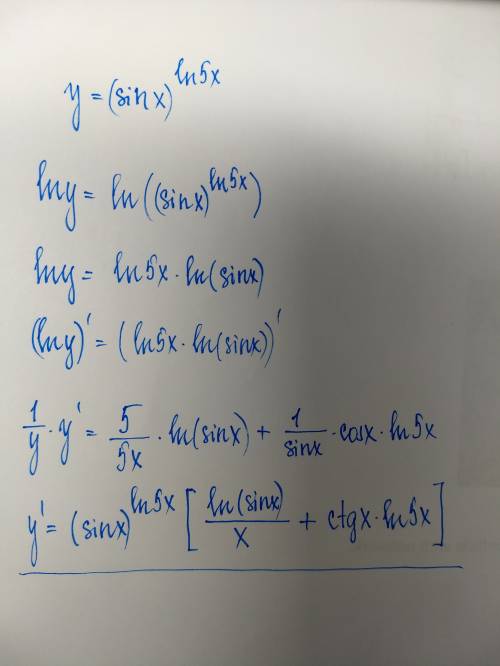 Знайти похідну функції використавши логарифмічне диференціювання y=(sinx)^ln5x