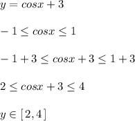 y=cosx+3\\\\-1\leq cosx\leq 1\\\\-1+3\leq cosx+3\leq 1+3\\\\2\leq cosx+3\leq 4\\\\y\in [\, 2,4\, ]